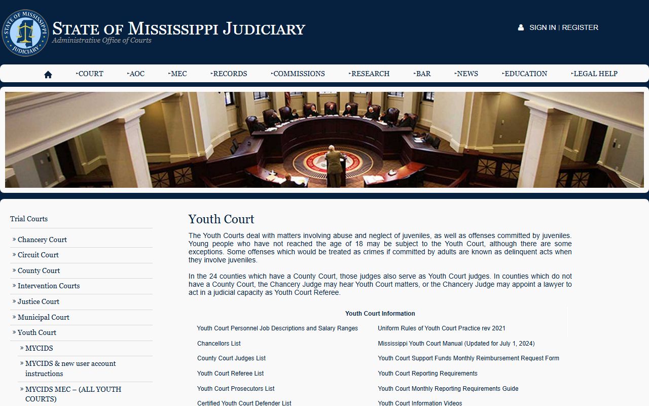 Noxubee County court dockets and the Mississippi Youth Court overview page