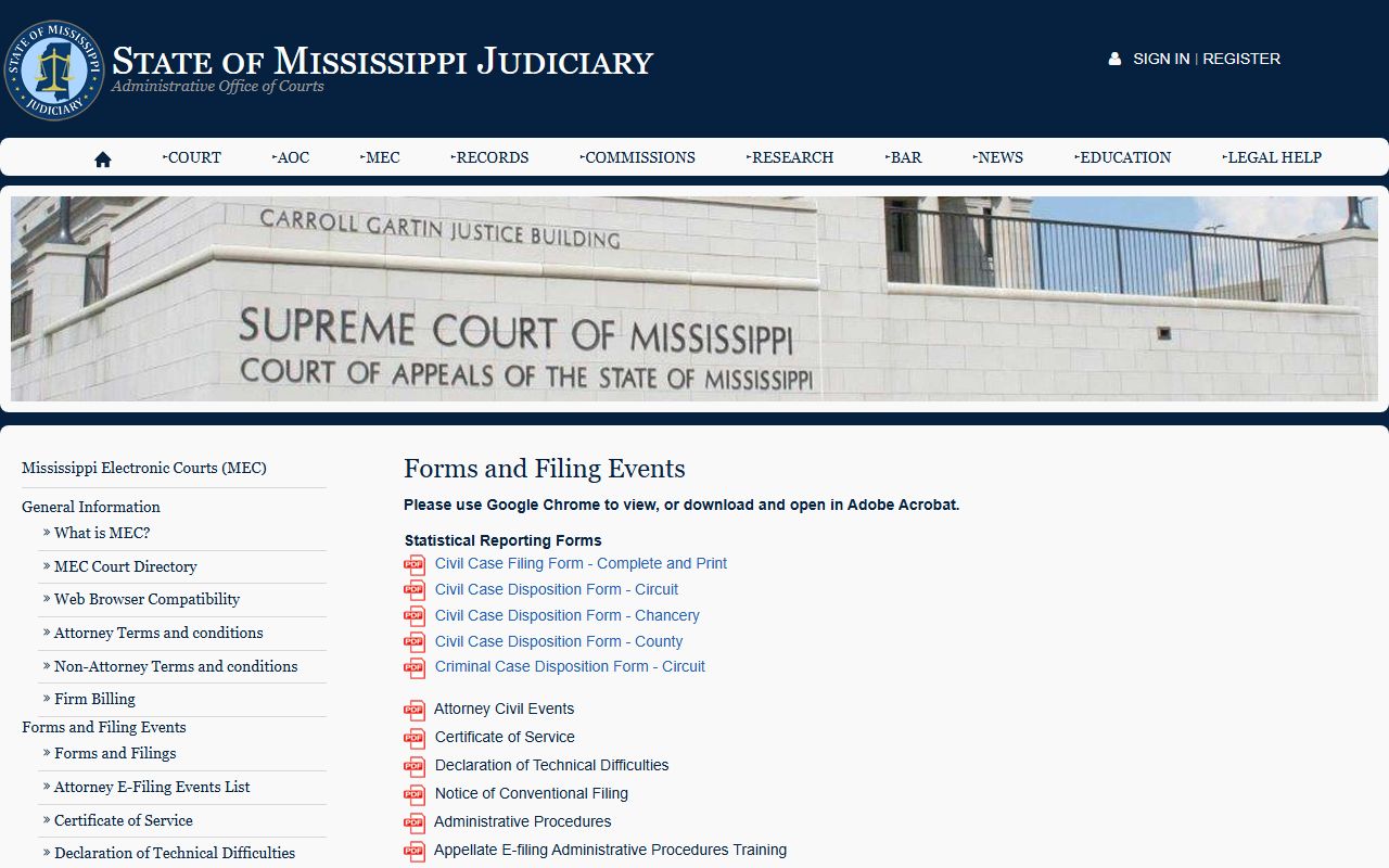 Noxubee County court records filing forms on the Mississippi MEC forms page