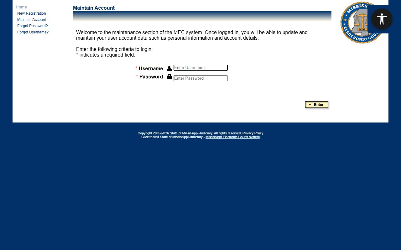 Noxubee County court records access through the PAMEC registration screen