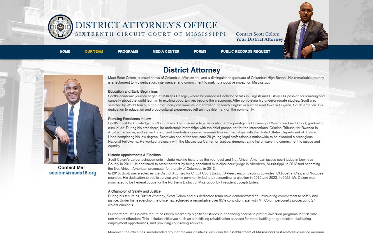 Noxubee County criminal court records and District Attorney Scott Colom bio page