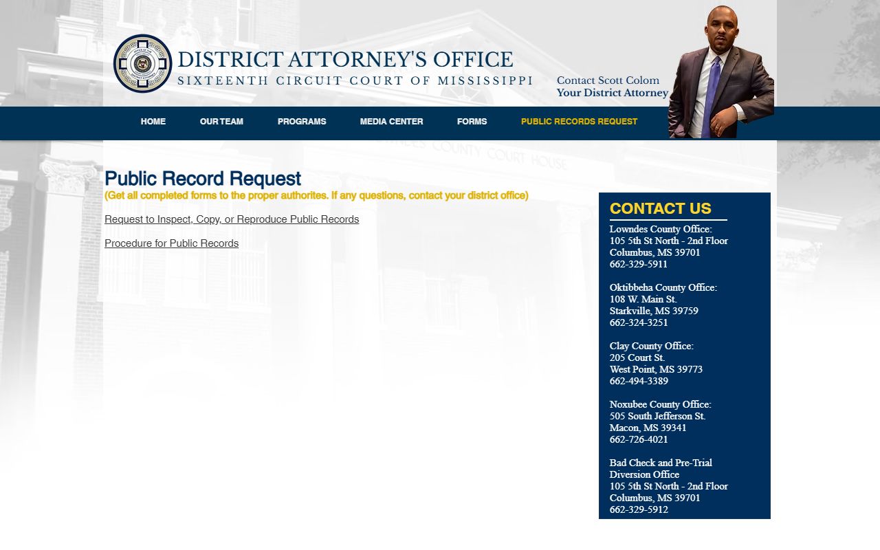 Noxubee County criminal court records and District Attorney public records request page