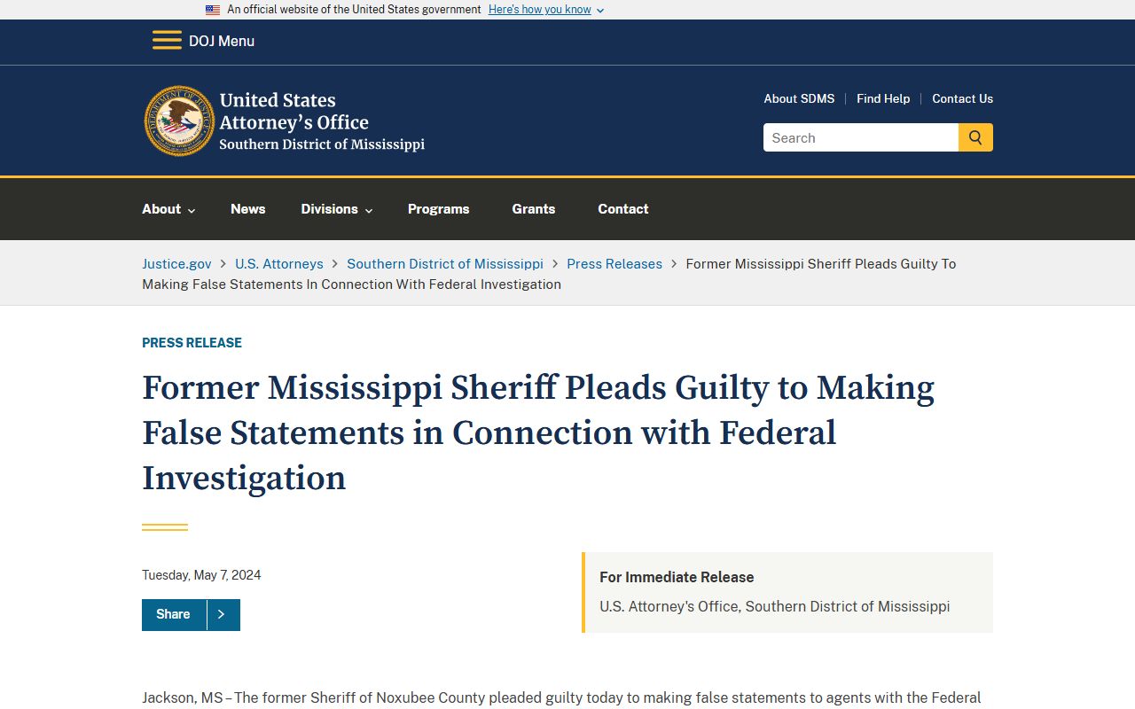 Noxubee County Circuit Court context and a federal prosecution news release