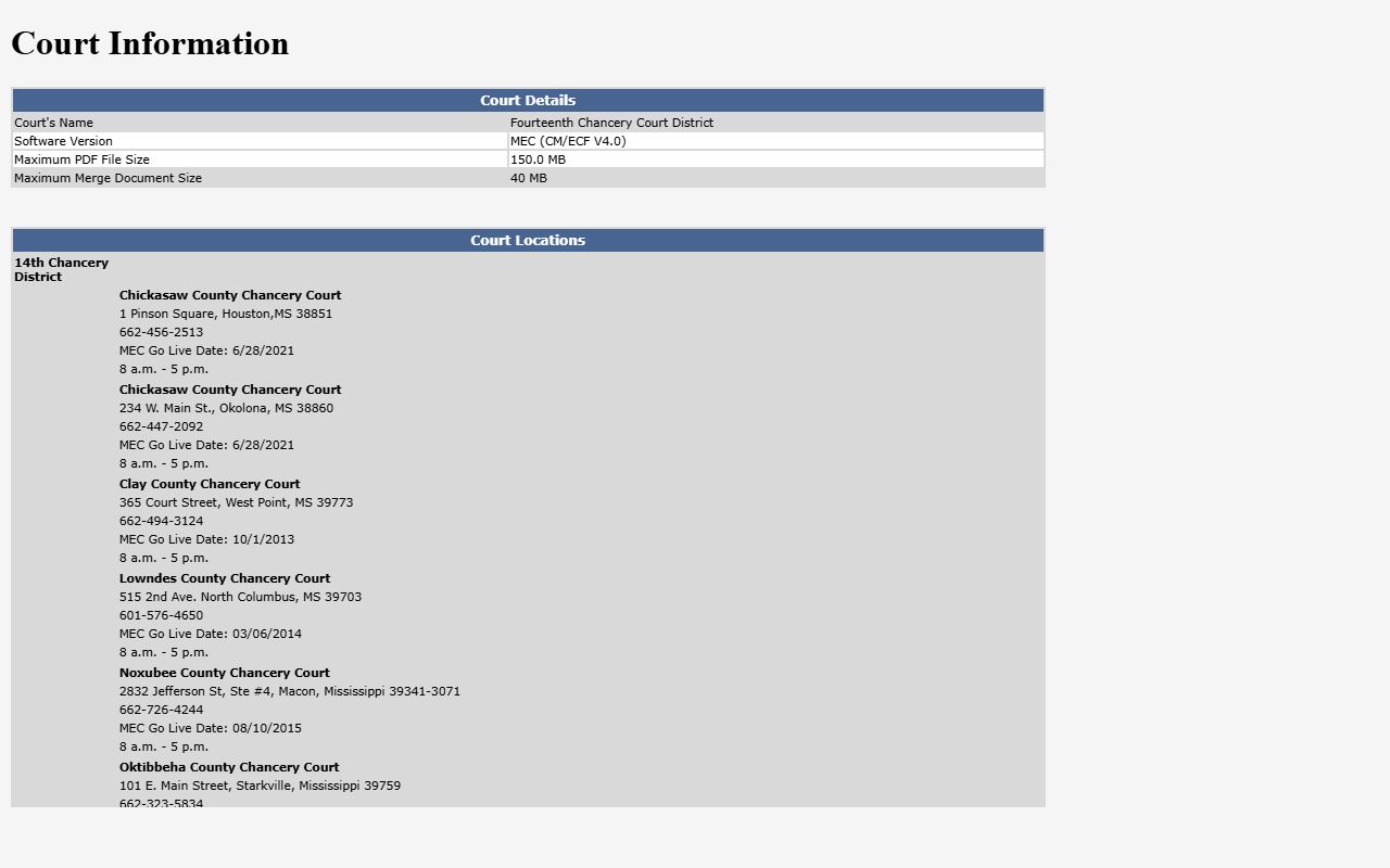Fourteenth Chancery MEC page listing Noxubee County court record case flags