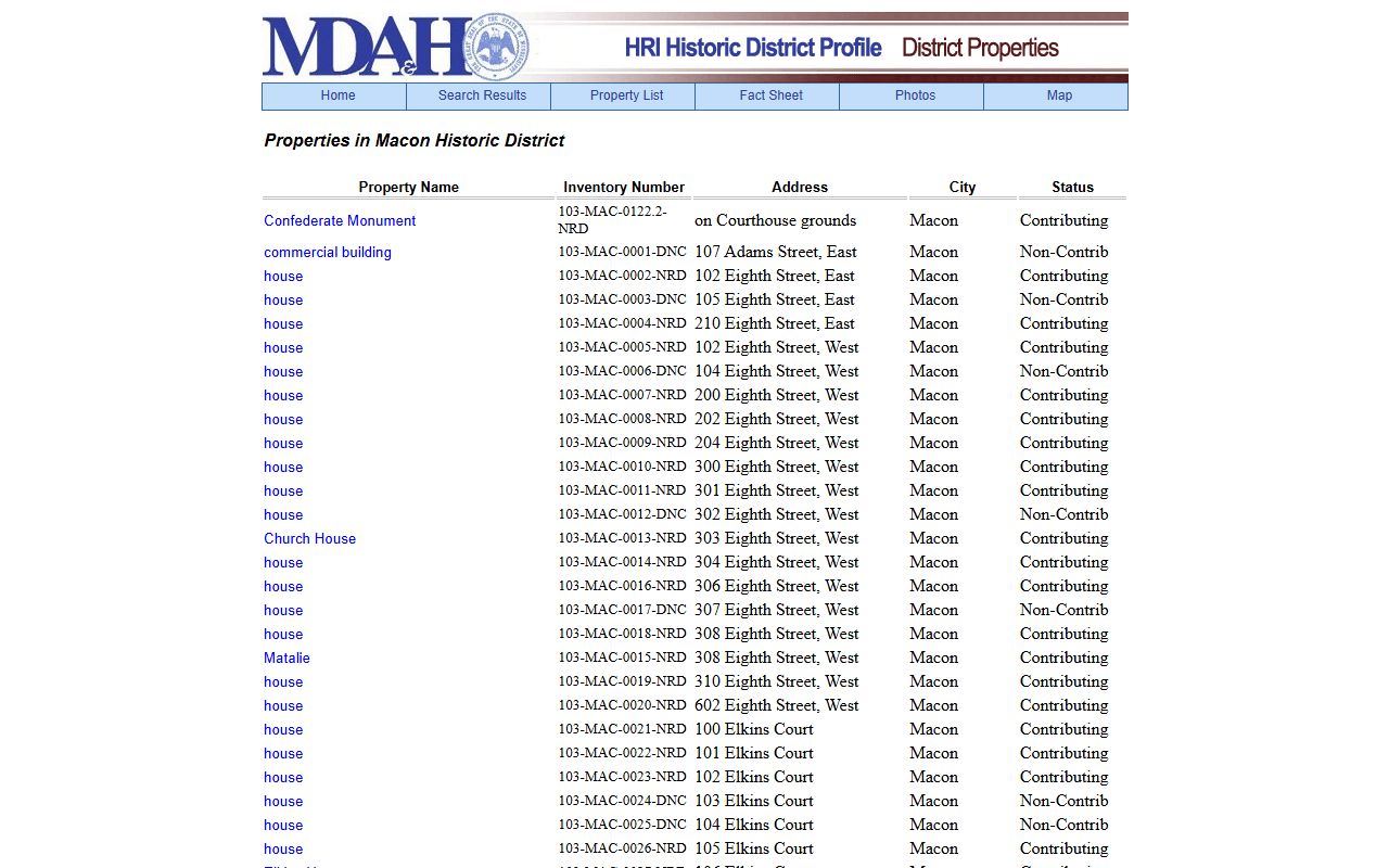 Macon Historic District property list including the Noxubee County court records buildings