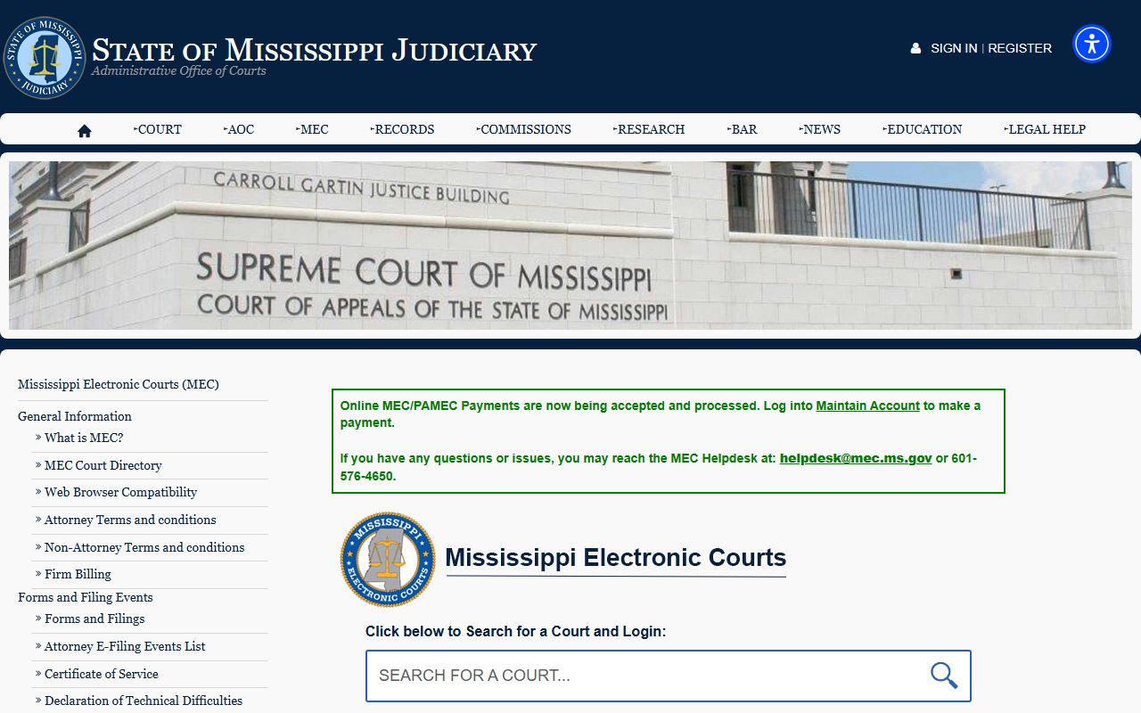 Mississippi Electronic Courts overview supporting Noxubee County court records access