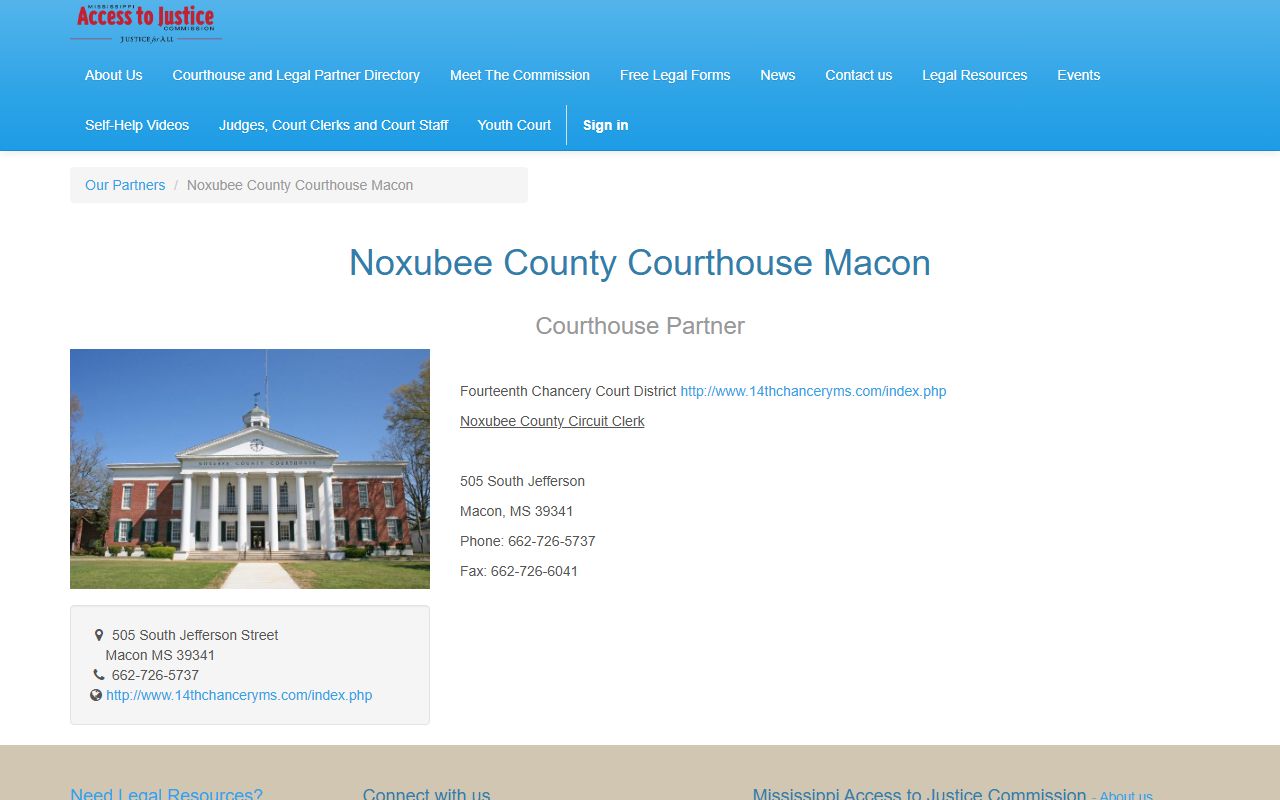 Noxubee County Courthouse listing used for court records contact information