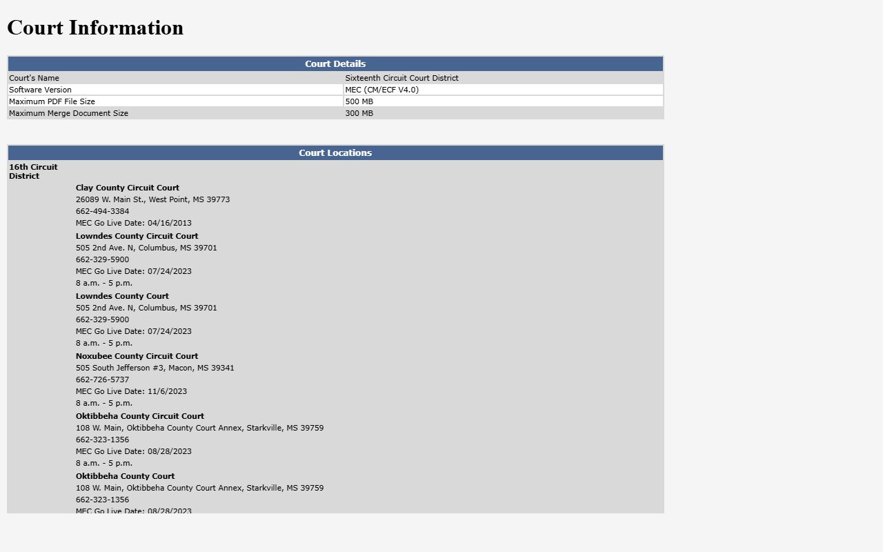 Sixteenth Circuit MEC page for Noxubee County Court records