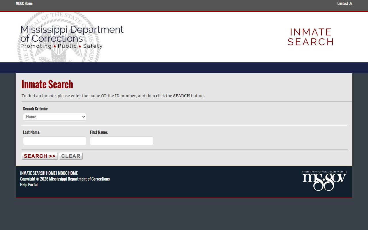 Noxubee County inmate records lookup on the MS.gov MDOC state inmate search form
