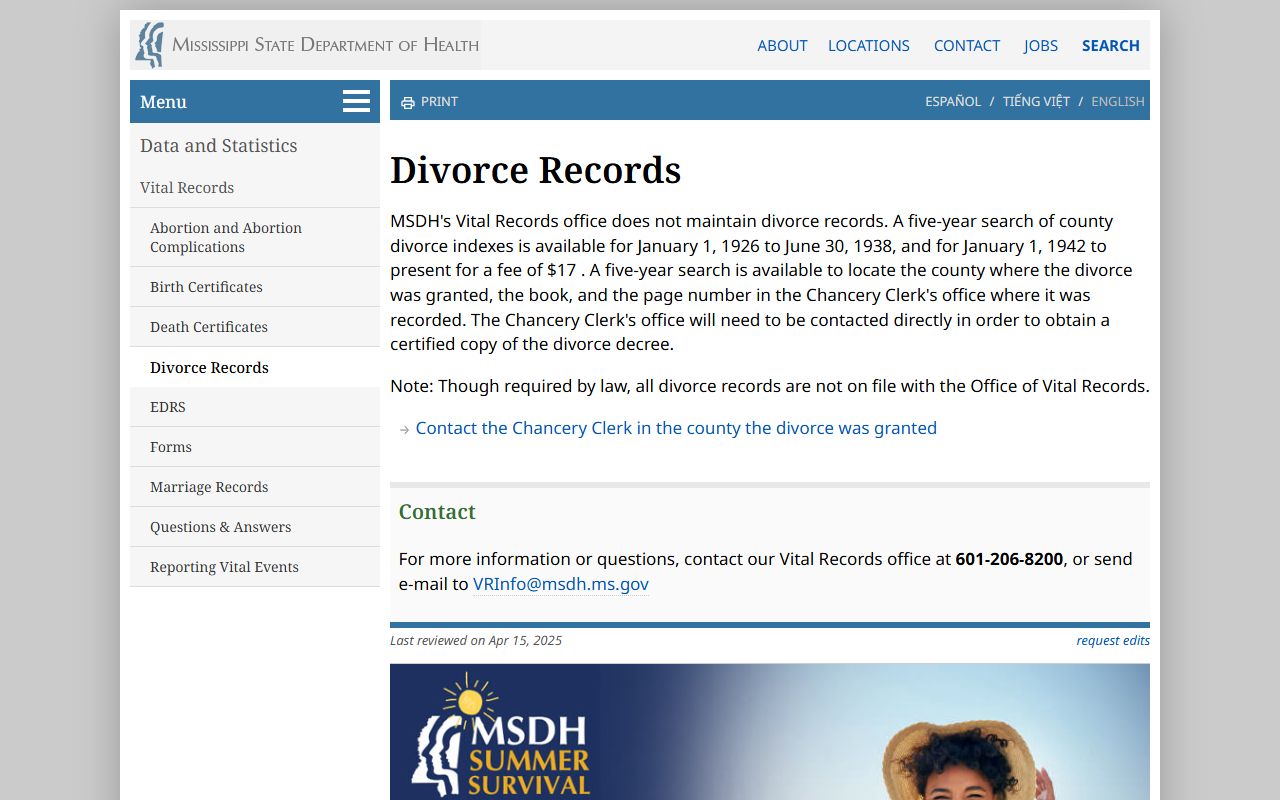 Noxubee County divorce records and the MSDH divorce index search page