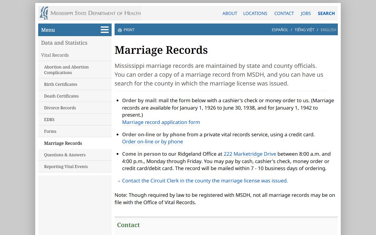 Noxubee County marriage records ordered through the MSDH marriage record application
