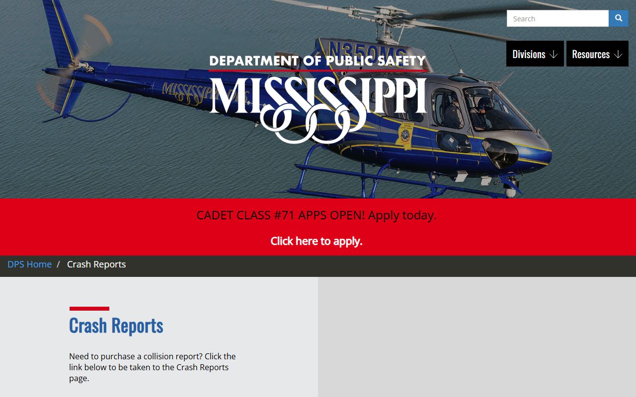 Noxubee County traffic crash report request page for Mississippi DPS