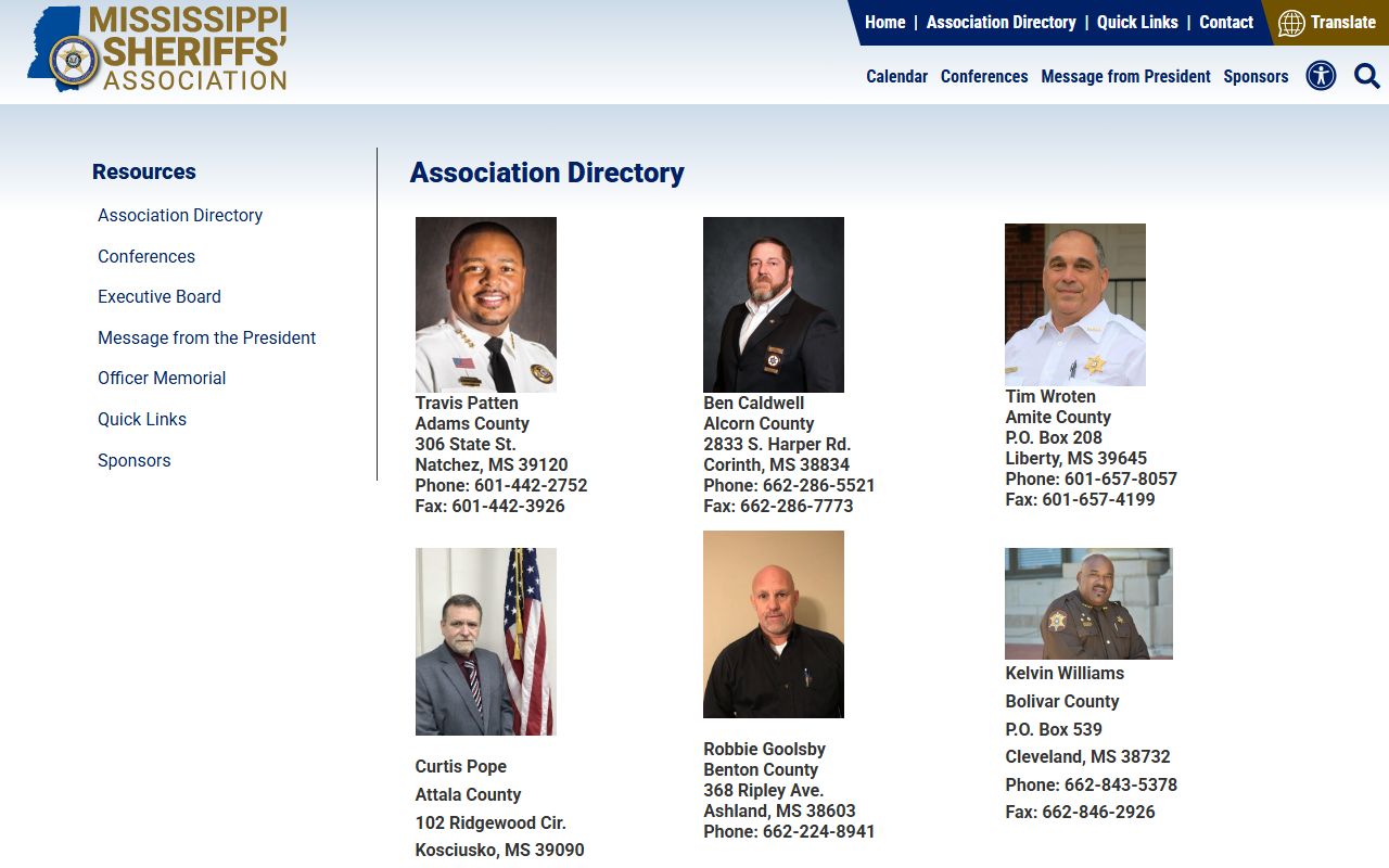 Mississippi Sheriffs Association directory listing Noxubee County warrant contact