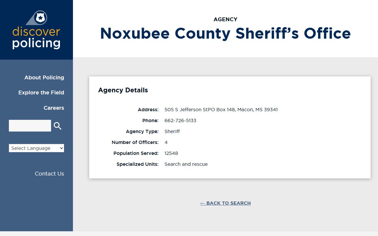 Noxubee County Sheriff Office agency listing used for warrant contact confirmation